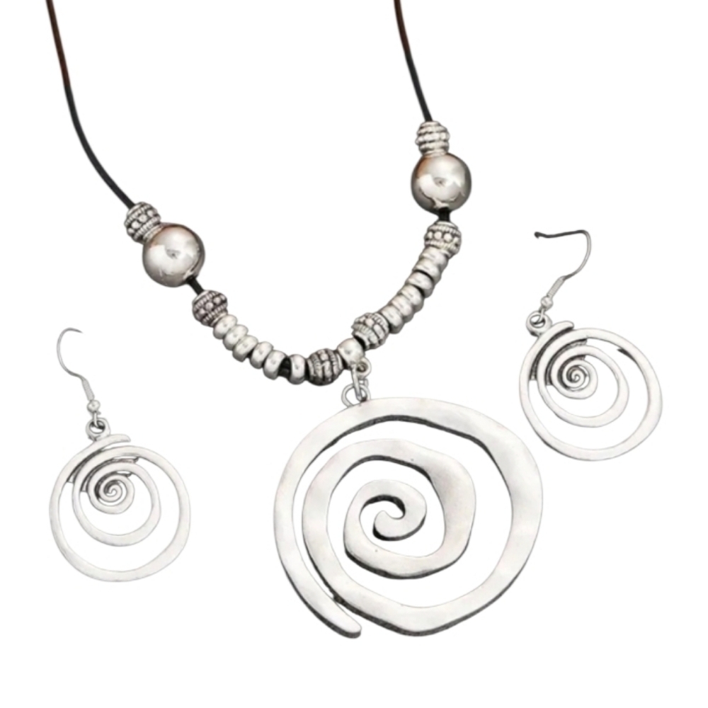 Silvertone Spiral Necklace and Earrings Set